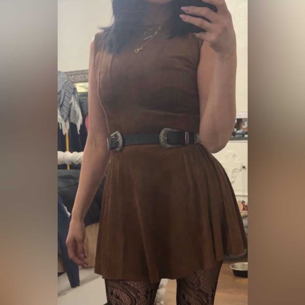 Brown Suede Skirt with Black Lace Tights